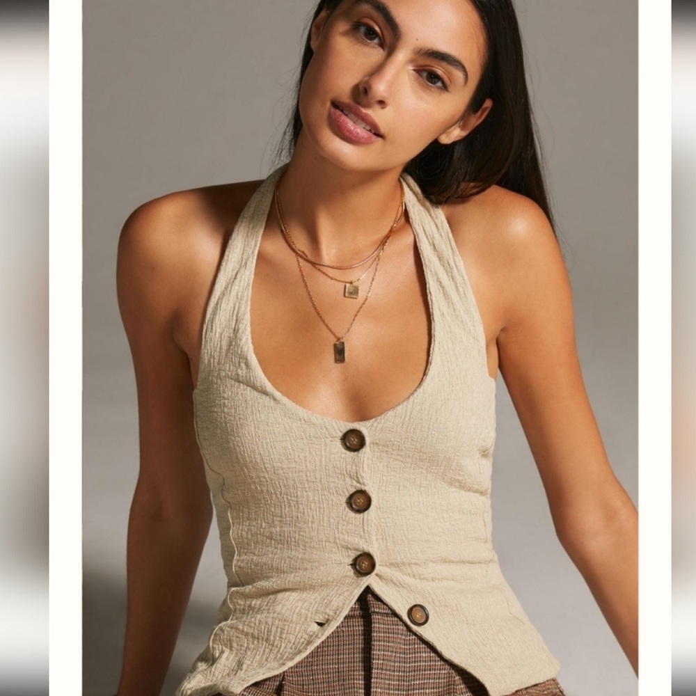 Anthropologie Cream Textured Halter Button Front Top